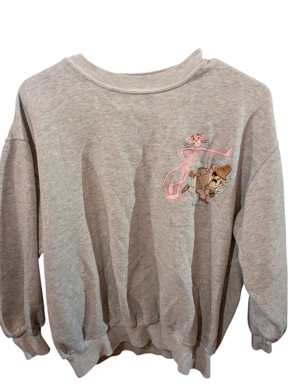 Vintage Blitzz Studio Gray Pink Panther Embroidered Crewneck Sweater